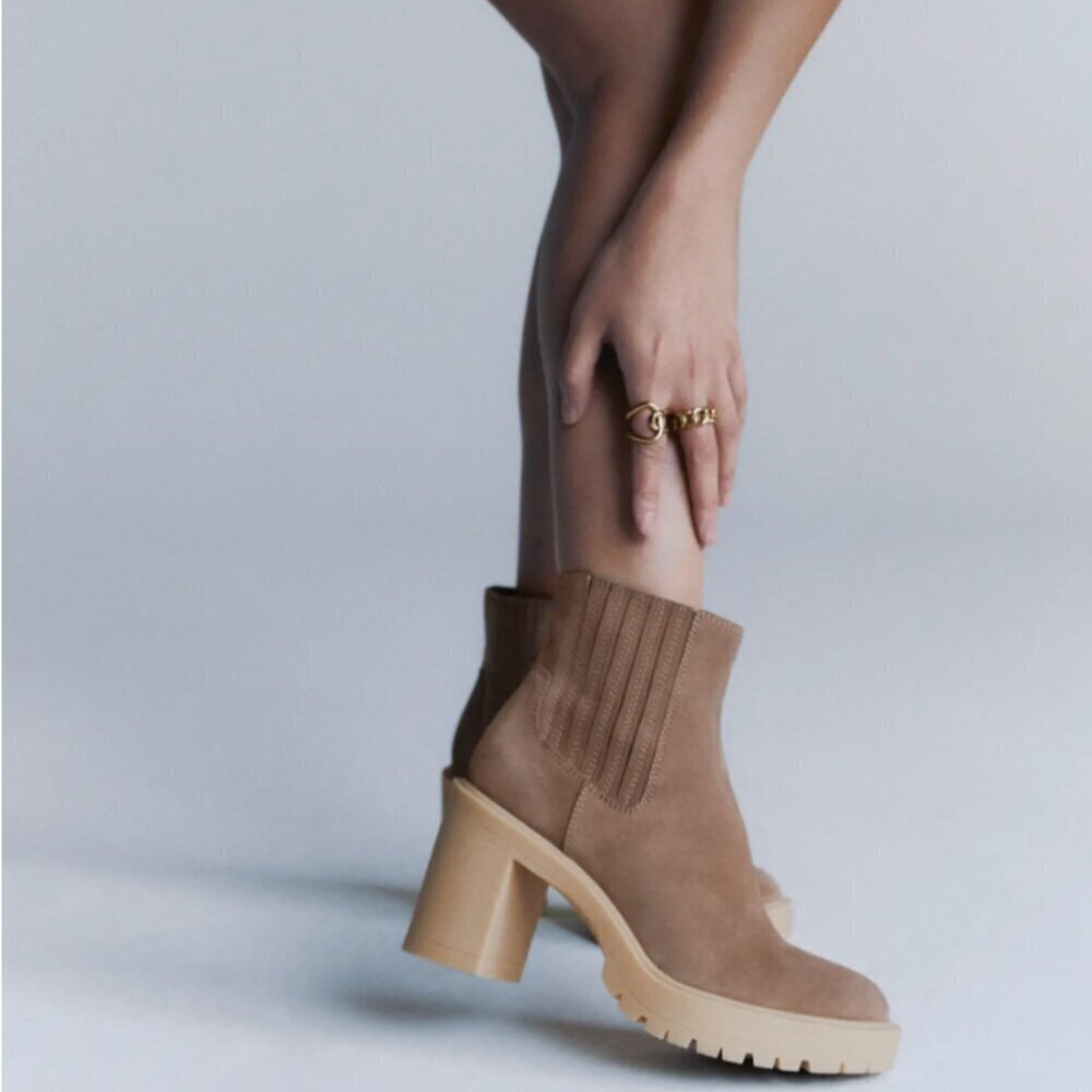 Dolce Vita Caster H2O Waterproof Lug Sole Platform Bootie in Mushroom Suede NEW